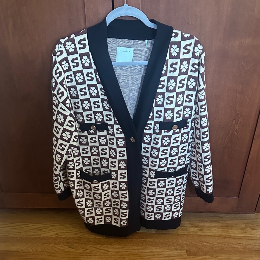 Sandro Black and Cream Textured Cardigan